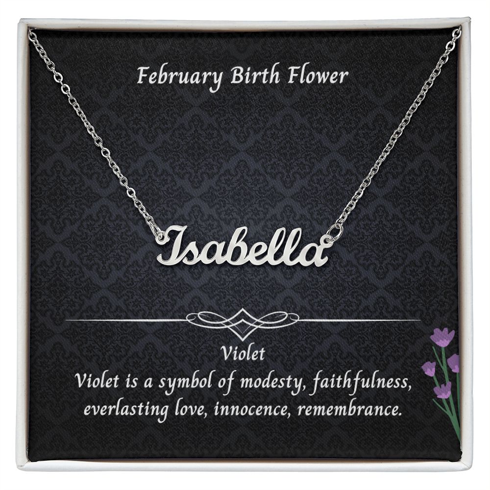 February Violet Flower 004 Personalized Name Necklace