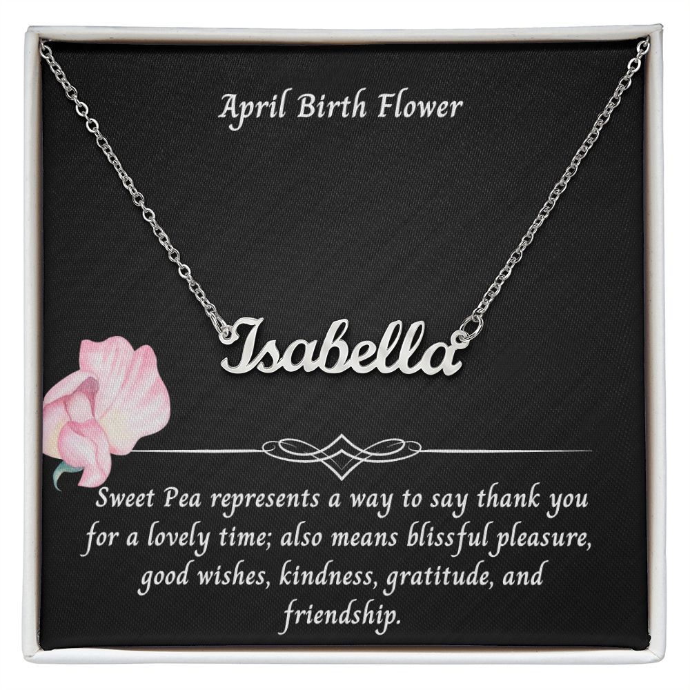 April Sweet Pea Flower 003 Personalized Name Necklace