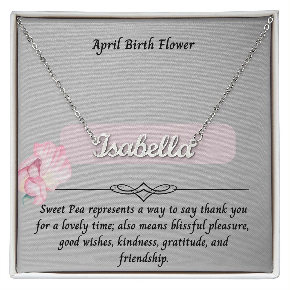 April Sweet Pea Flower 002 Personalized Name Necklace