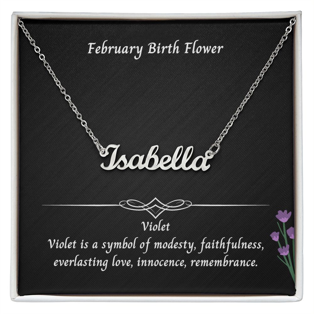 February Violet Flower 003 Personalized Name Necklace