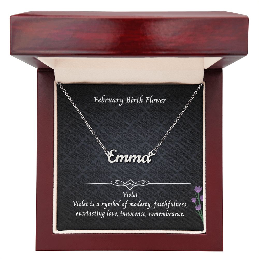 February Violet Flower 004 Personalized Name Necklace