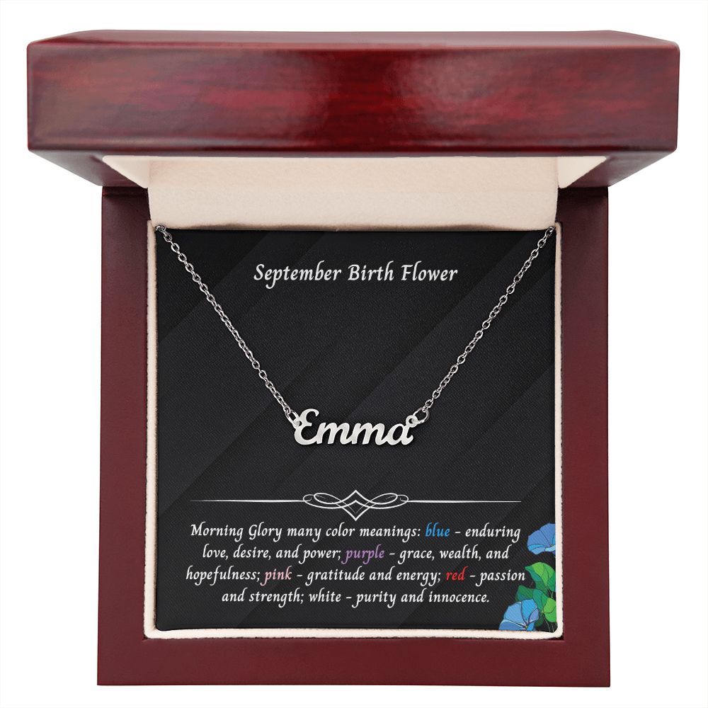 September Morning Glory Flower 001 Personalized Name Necklace