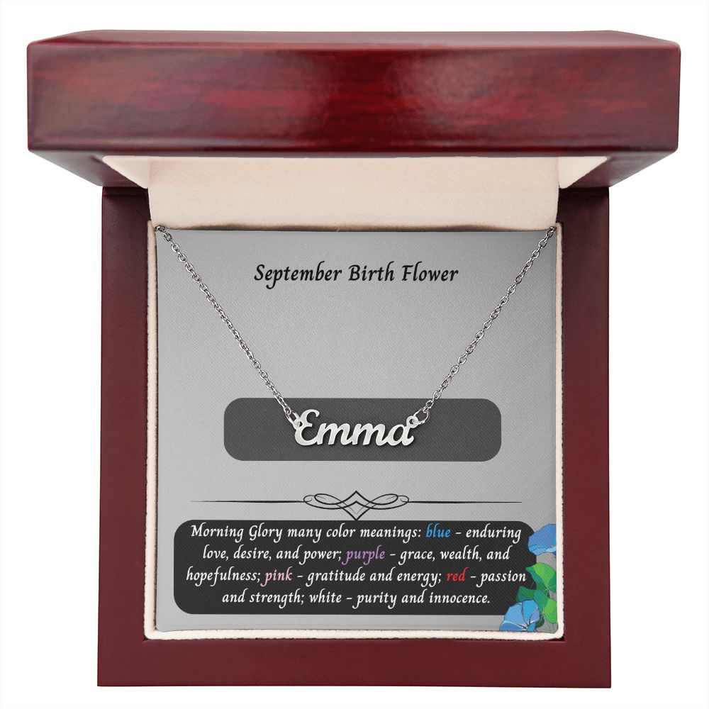 September Morning Glory Flower 002 Personalized Name Necklace