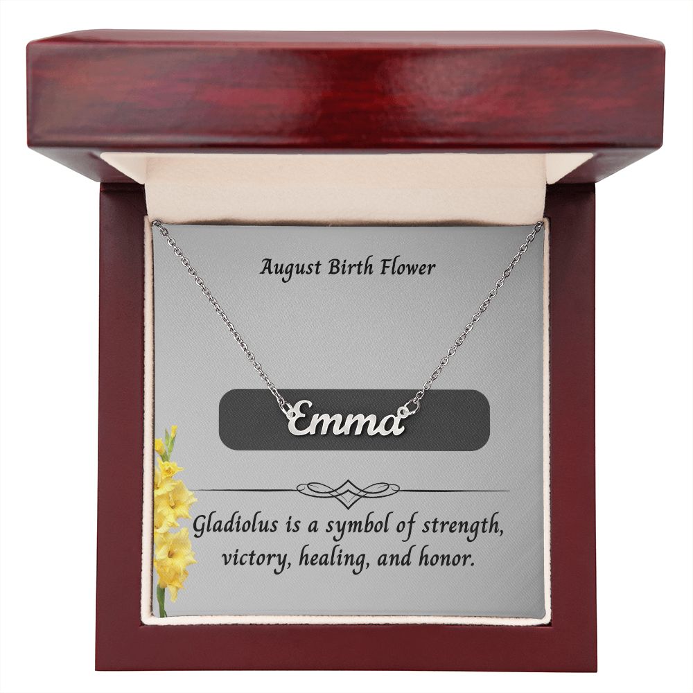 August Gladiolus Flower 002 Personalized Name Necklace