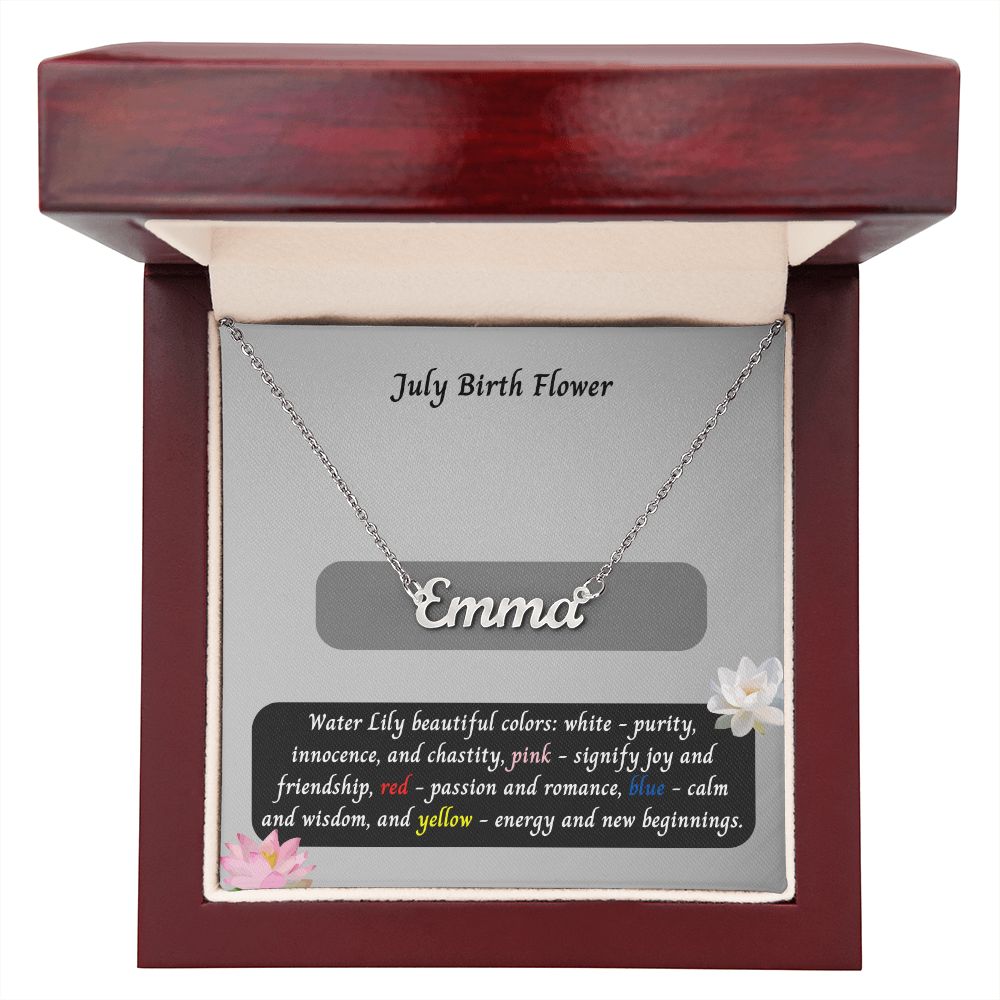 July Water Lily Flower 002 Personalized Name Necklace