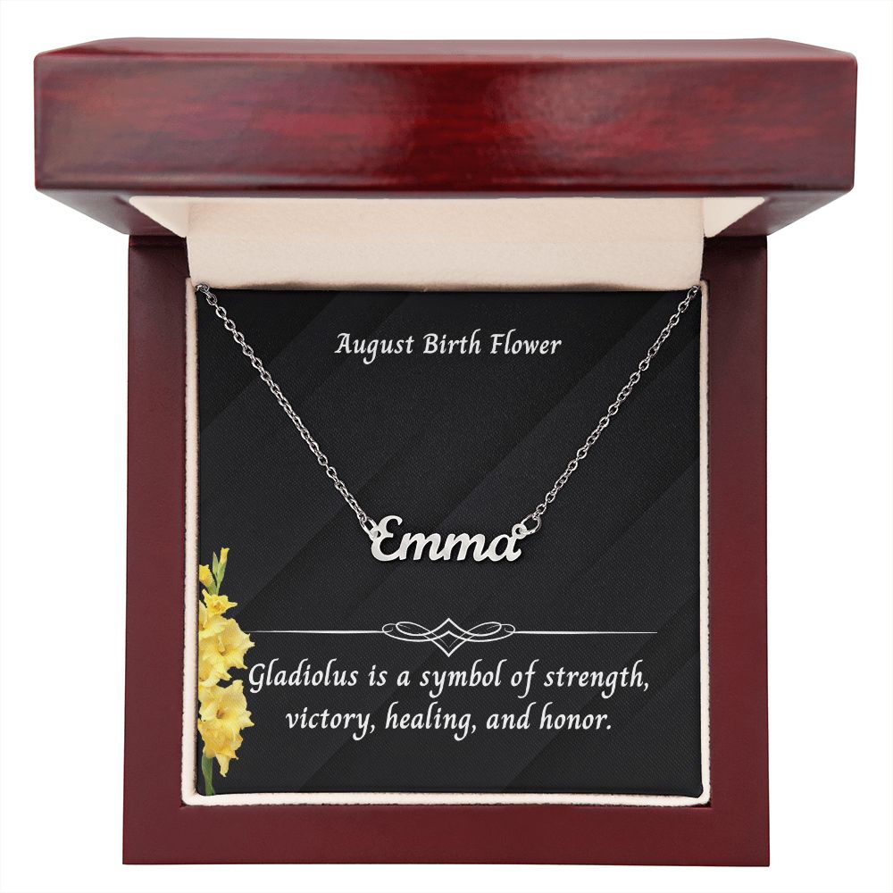 August Gladiolus Flower 001 Personalized Name Necklace