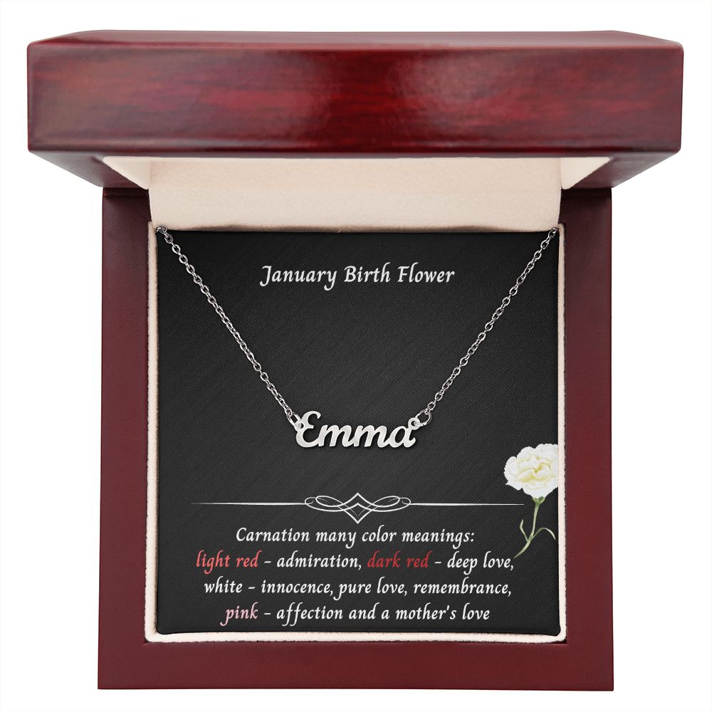 January Carnation Flower 003 Personalized Name Necklace