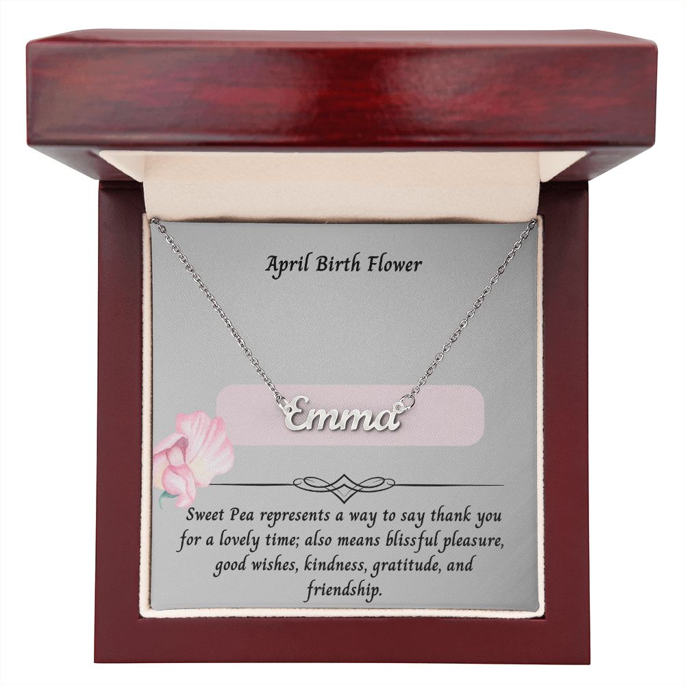 April Sweet Pea Flower 002 Personalized Name Necklace