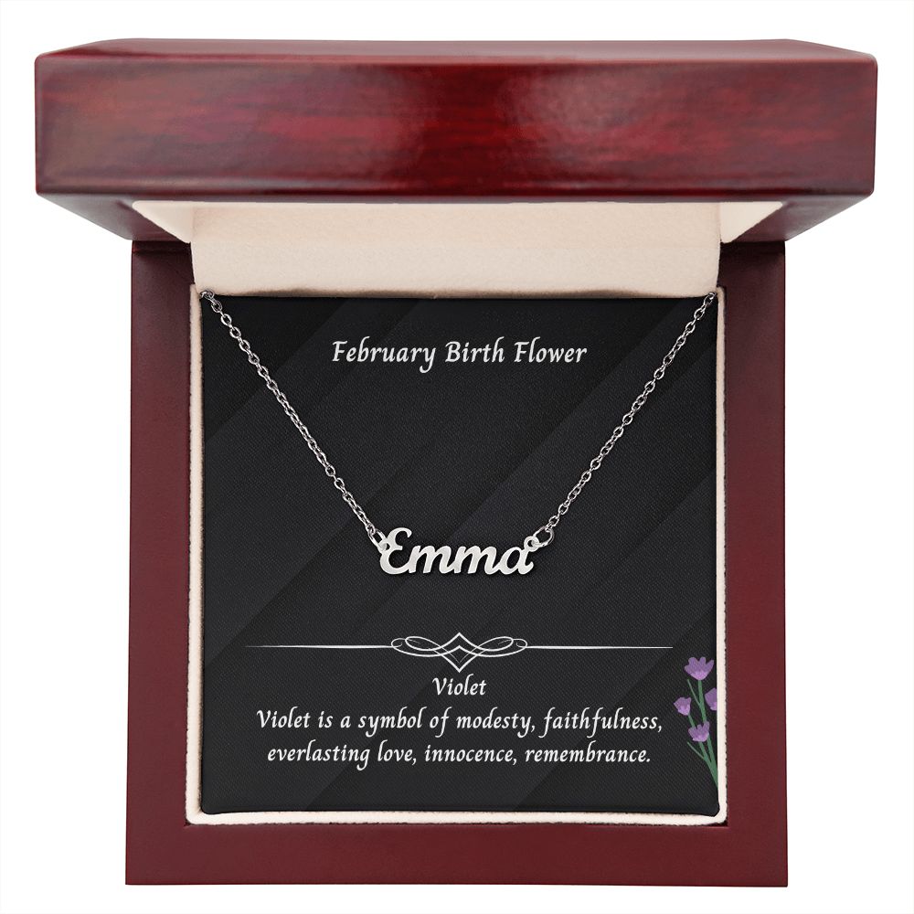 February Violet Flower 001 Personalized Name Necklace