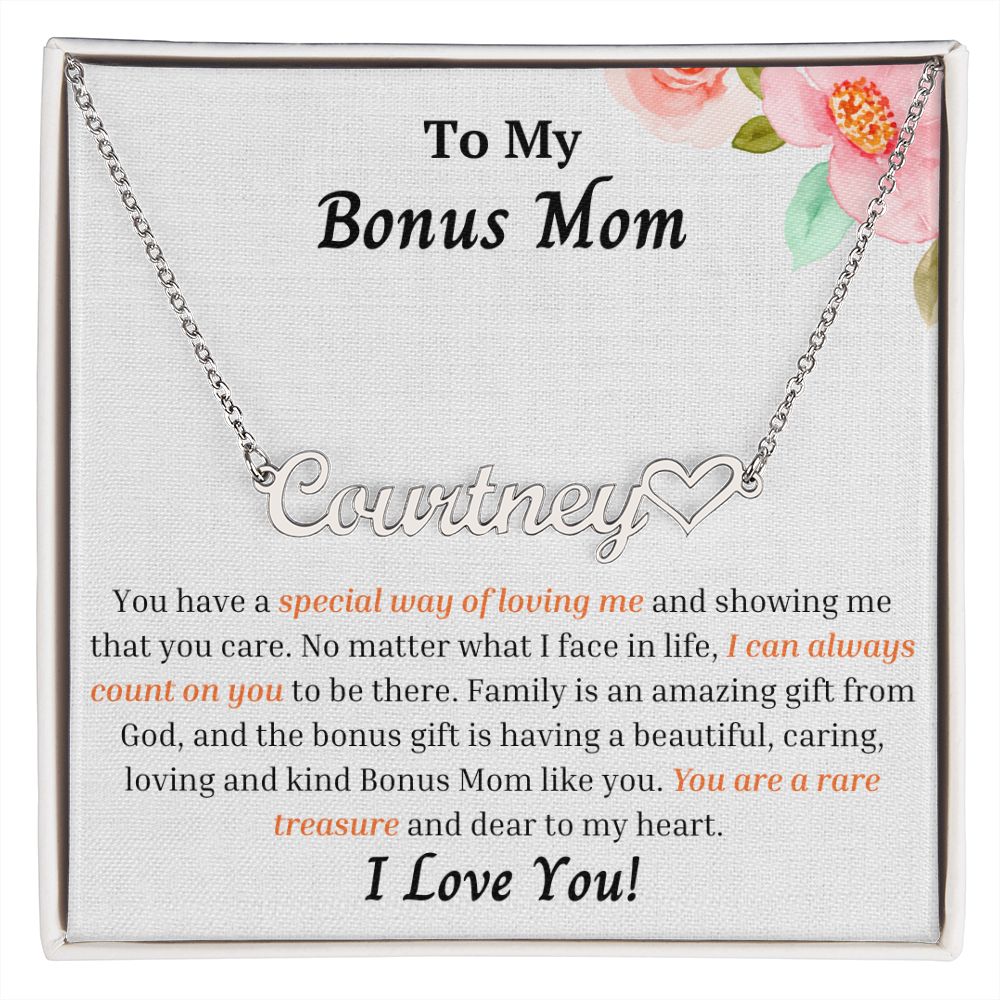 To My Bonus Mom Personalized Name Necklace w/Heart