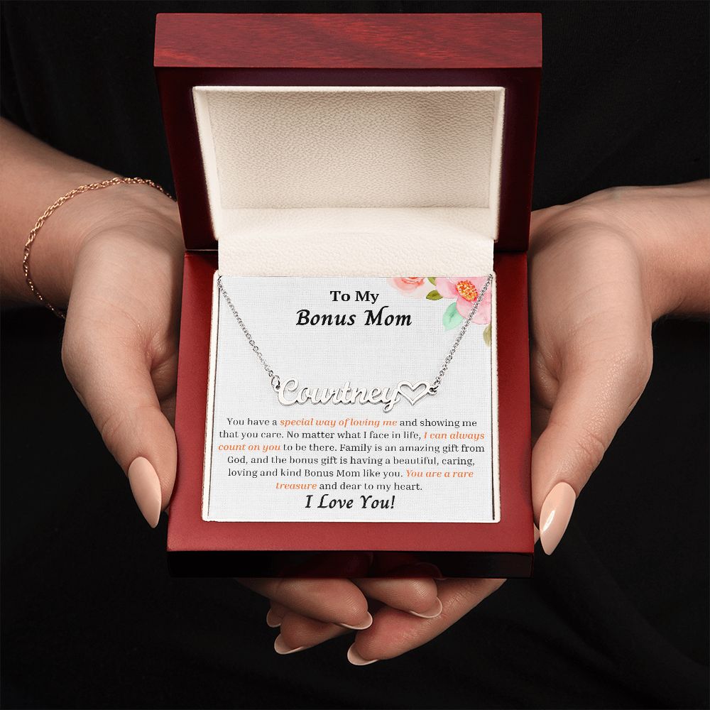 To My Bonus Mom Personalized Name Necklace w/Heart
