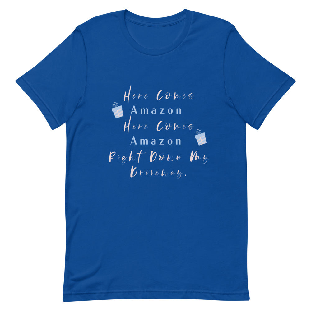 Here Comes Amazon Here Comes Amazon Right Down My Driveway Short-Sleeve T-Shirt, Here Comes Amazon Shirt, Cute Women’s Christmas Shirt, Women’s Christmas T-shirt, Amazon Prime, Christmas Shirt, Funny Christmas Shirt