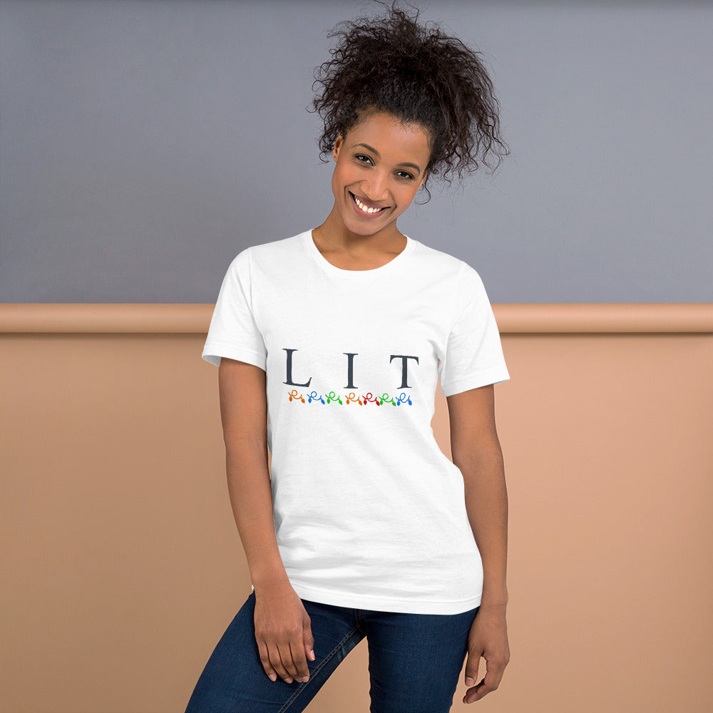 LIT Short-Sleeve Unisex T-Shirt, Funny Christmas Shirt, Christmas Shirt For Women, Let's Get Lit Shirt, Holiday Tee