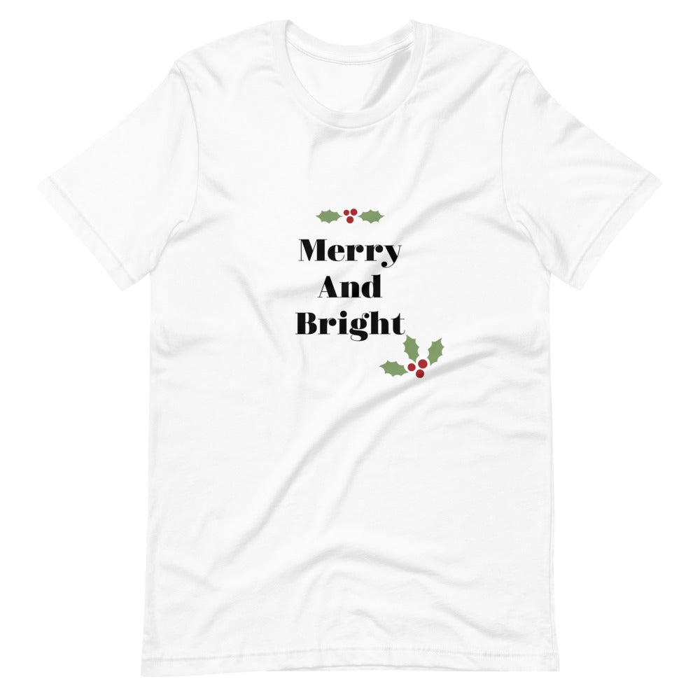 Merry And Bright Short-Sleeve Unisex T-Shirt, Christmas Shirt For Women, Gift For Her, Trendy Christmas Shirt For Her, Holiday T-shirt