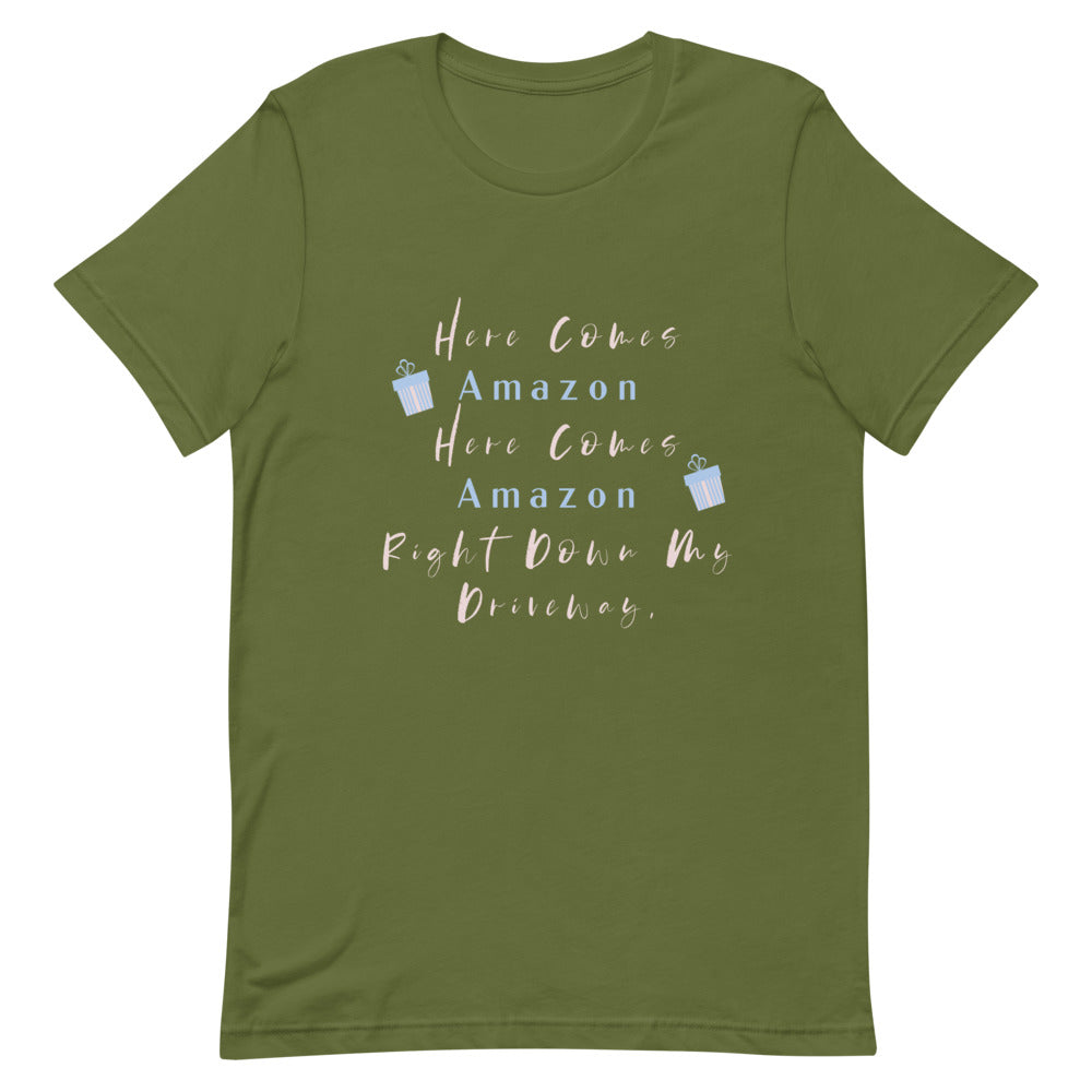 Here Comes Amazon Here Comes Amazon Right Down My Driveway Short-Sleeve T-Shirt, Here Comes Amazon Shirt, Cute Women’s Christmas Shirt, Women’s Christmas T-shirt, Amazon Prime, Christmas Shirt, Funny Christmas Shirt