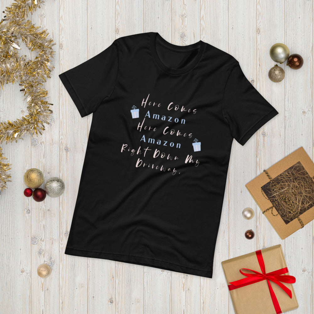 Here Comes Amazon Here Comes Amazon Right Down My Driveway Short-Sleeve T-Shirt, Here Comes Amazon Shirt, Cute Women’s Christmas Shirt, Women’s Christmas T-shirt, Amazon Prime, Christmas Shirt, Funny Christmas Shirt