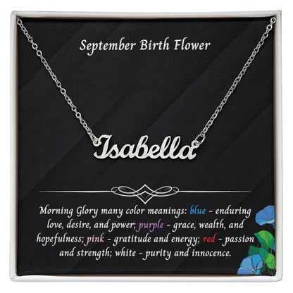 September Morning Glory Flower 001 Personalized Name Necklace