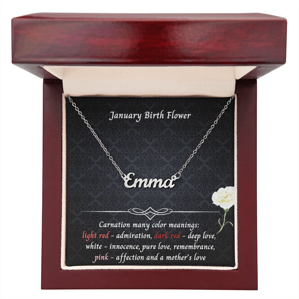 January Carnation Flower 004 Personalized Name Necklace