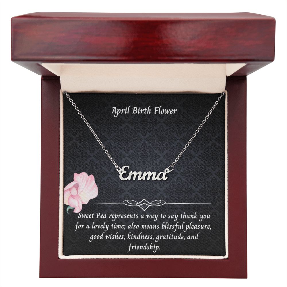 April Sweet Pea Flower 004 Personalized Name Necklace