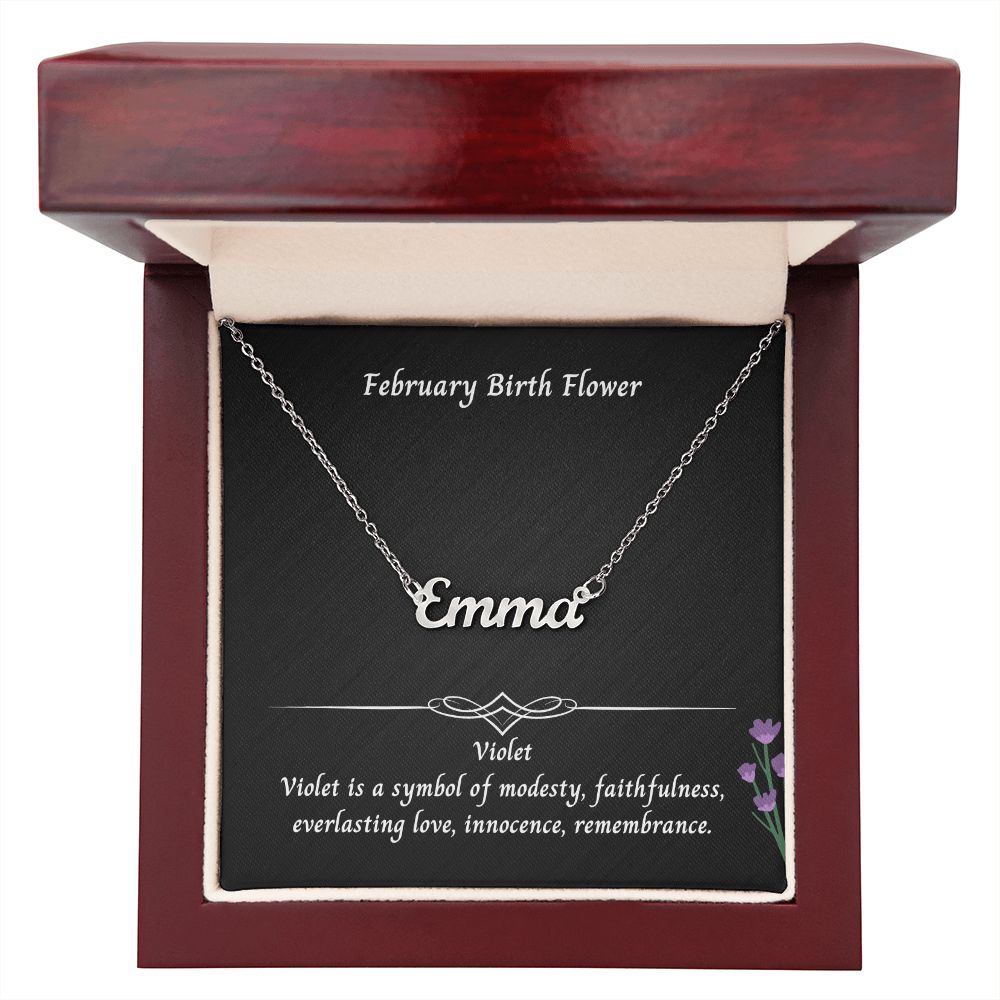 February Violet Flower 003 Personalized Name Necklace