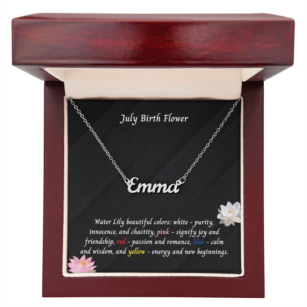 July Water Lily Flower 001 Personalized Name Necklace