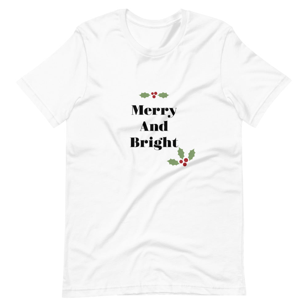 Merry And Bright Short-Sleeve Unisex T-Shirt, Christmas Shirt For Women, Gift For Her, Trendy Christmas Shirt For Her, Holiday T-shirt